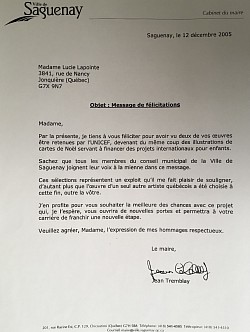 Lettre de Félicitation de Ville Saguenay reçu le 12-12-05